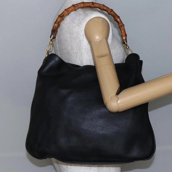 GUCCI Bamboo Shoulder Bag Leather Black Gold Auth - Picture 1 of 15